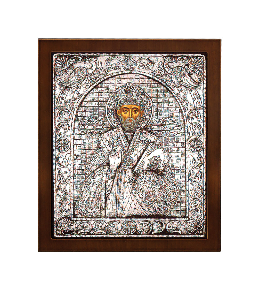 Saint Nicholas Byzantine Icon with 925° Sterling Silver Leaf