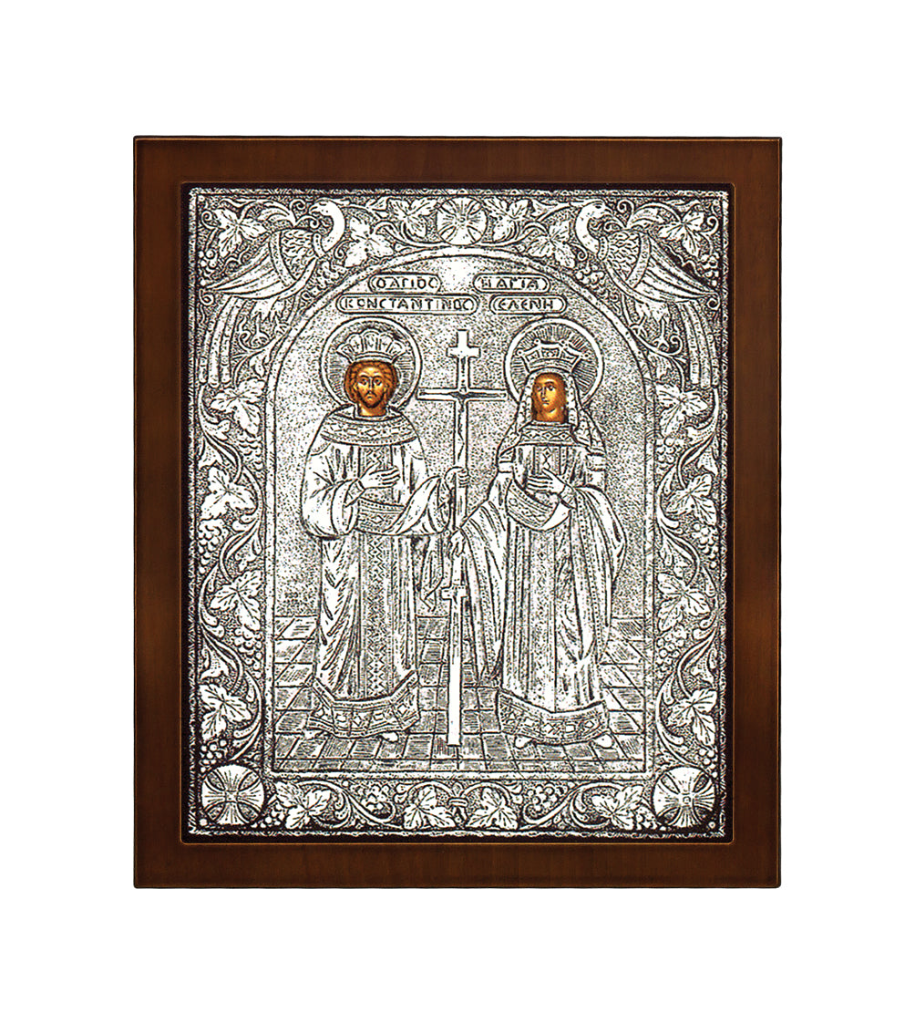Saints Constantine and Helen Byzantine Icon with Sterling Silver Leaf
