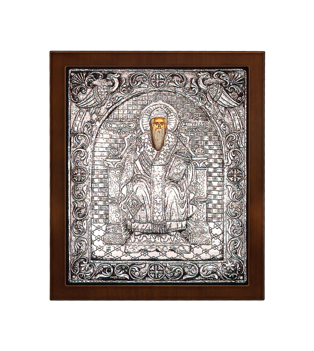Saint Spyridon the Wonderworker Byzantine Icon with 925° Sterling Silver Leaf