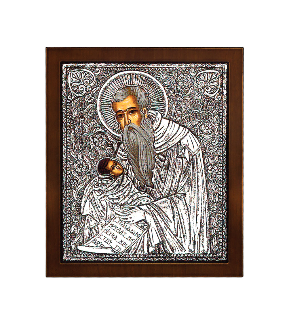 Saint Stylianos (The Protector of Children) Byzantine Icon with 925° Sterling Silver Leaf