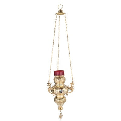 Hanging Church Vigil Lamp (Kandili) - 20cm Gold-Plated with Corfiot Enamel Detail
