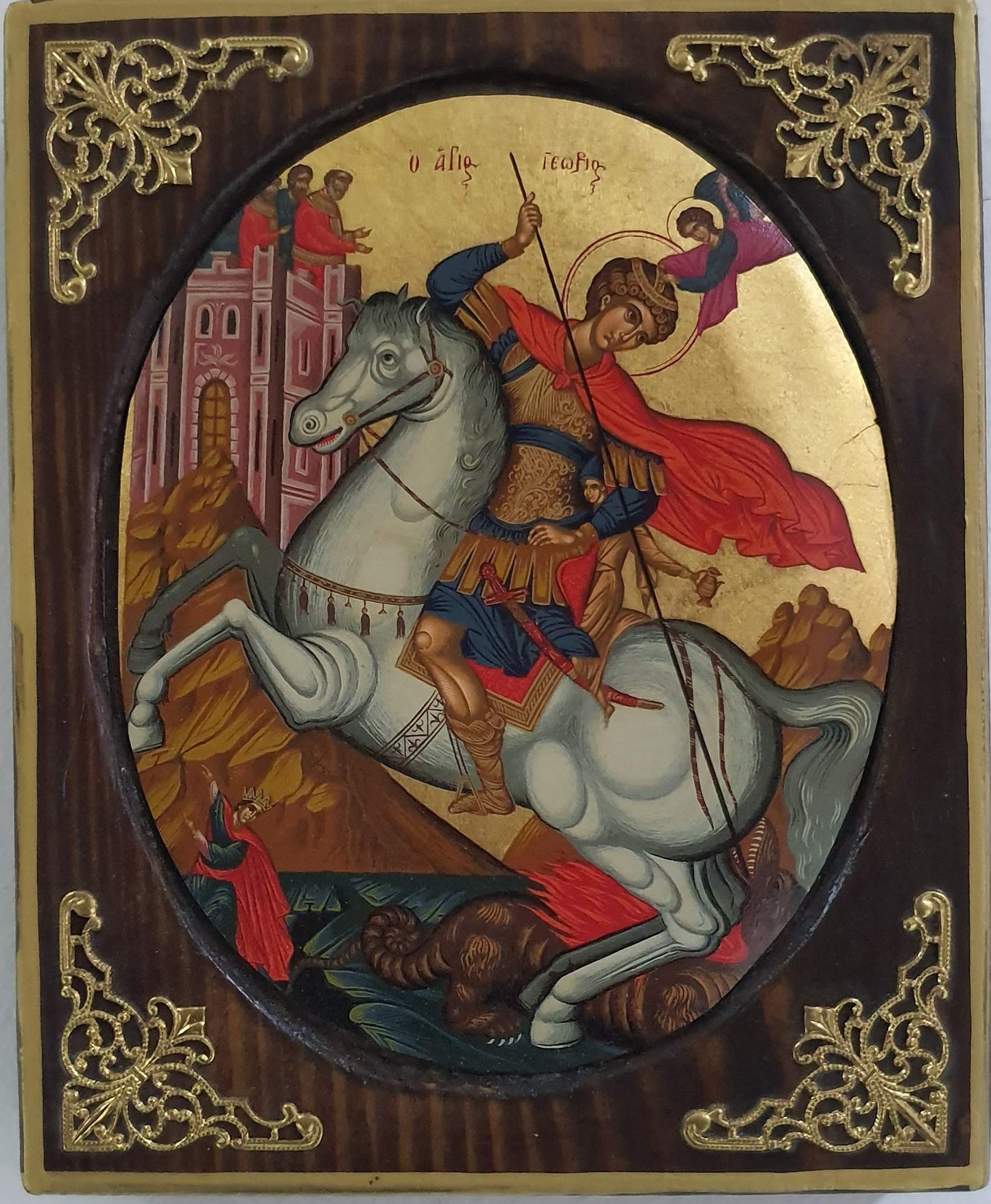 Saint George Oval Byzantine Icon on Pine Wood with Gold Leaf and Gold-Plated Corners