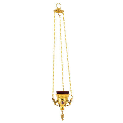 Small Hanging Brass Church Vigil Lamp (Kandili) – Gold-Plated with Hand-Carved Details and Enamel (8 cm)