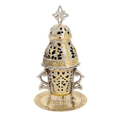 Ornate Two-Tone Hand-Carved Vigil Lamp (Kandili) with Saucer - 24 cm