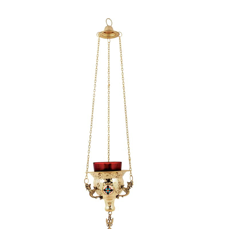 Hanging Brass Church Vigil Lamp (Kandili) – Gold-Plated with Byzantine Enamel (15 x 13 cm)