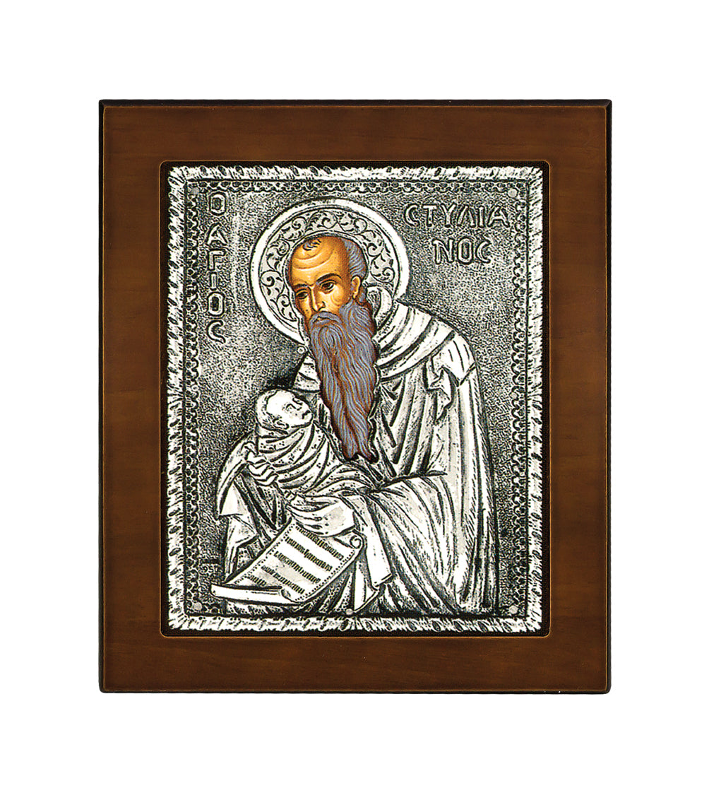 Saint Stylianos (The Protector of Children) Byzantine Icon with 925° Sterling Silver Leaf