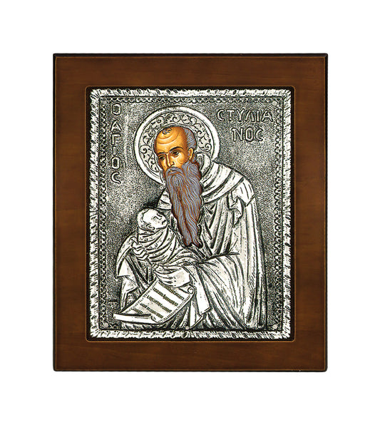 Saint Stylianos (The Protector of Children) Byzantine Icon with 925° Sterling Silver Leaf