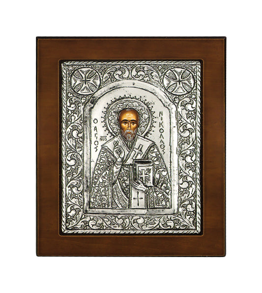 Saint Nicholas Byzantine Icon with 925° Sterling Silver Leaf