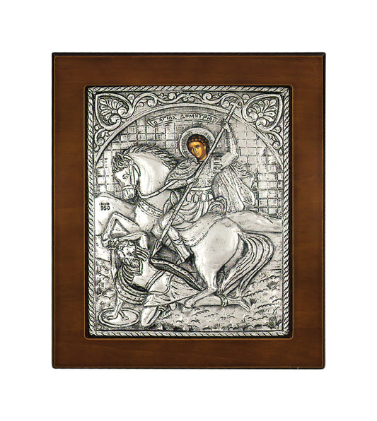 Saint Demetrios Byzantine Icon with Sterling Silver Leaf and Stand