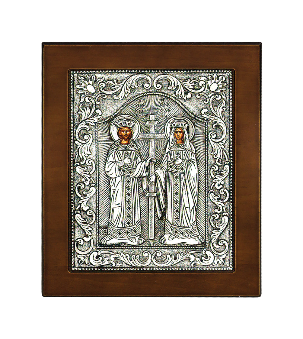 Saints Constantine and Helen Byzantine Icon with Sterling Silver Leaf