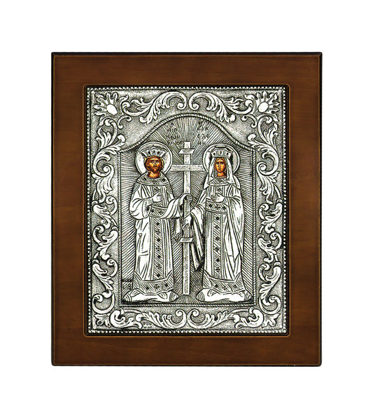 Saints Constantine and Helen Byzantine Icon with Sterling Silver Leaf
