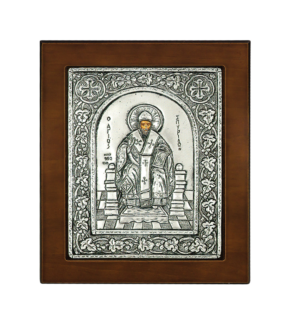 Saint Spyridon the Wonderworker Byzantine Icon with 925° Sterling Silver Leaf