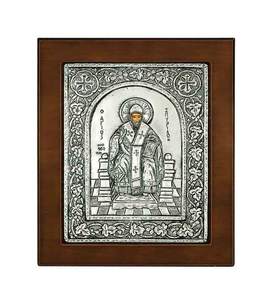 Saint Spyridon the Wonderworker Byzantine Icon with 925° Sterling Silver Leaf