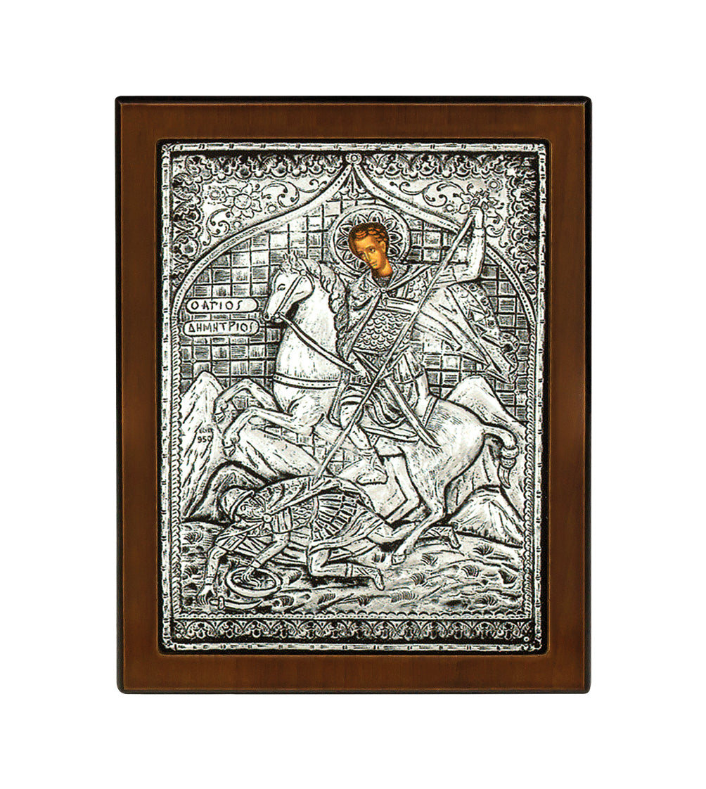 Saint Demetrios Byzantine Icon with Sterling Silver Leaf and Stand