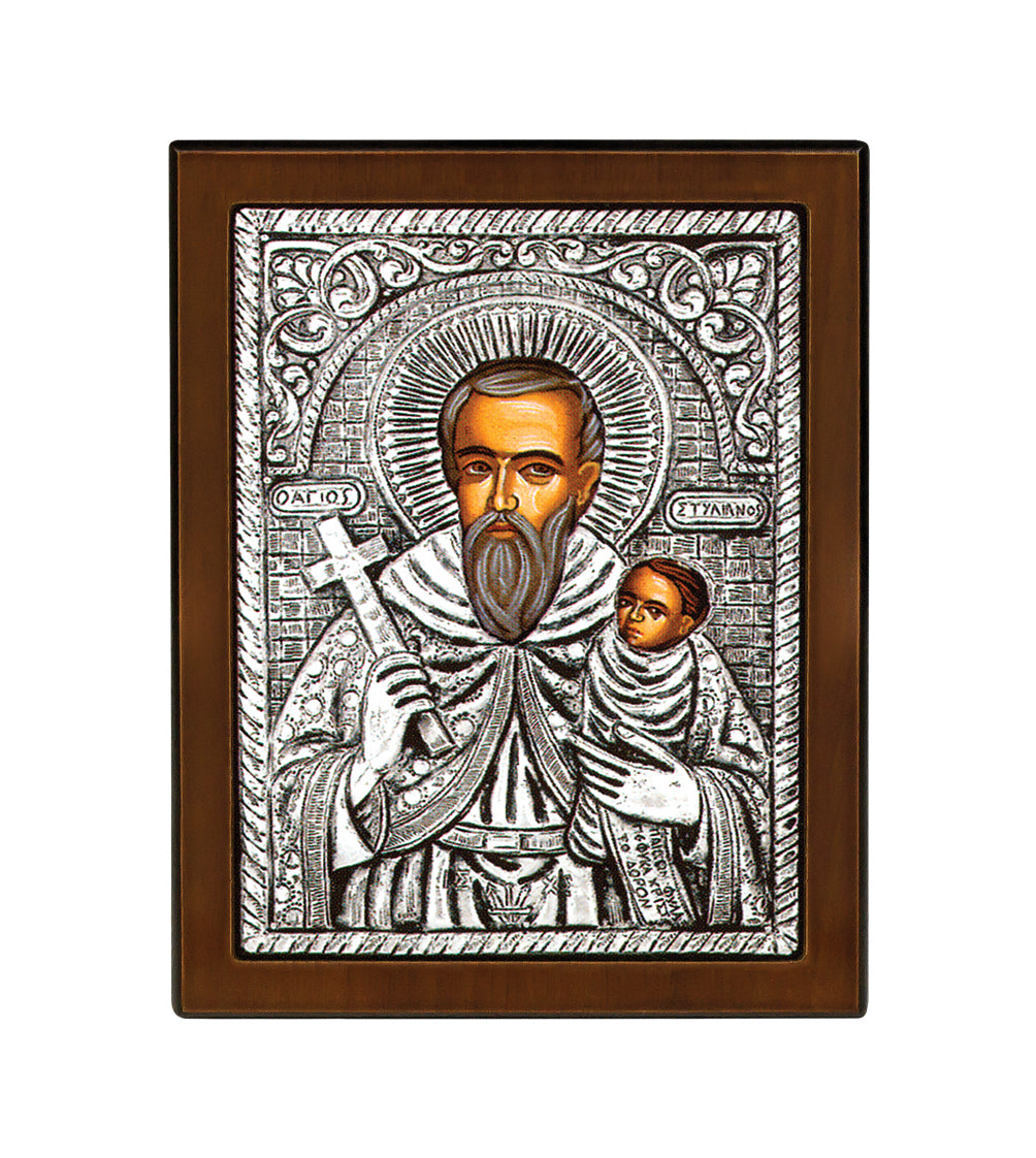 Saint Stylianos (The Protector of Children) Byzantine Icon with 925° Sterling Silver Leaf