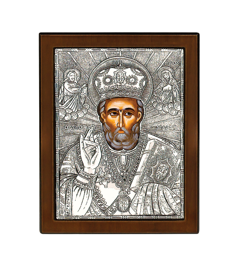 Saint Nicholas Byzantine Icon with 925° Sterling Silver Leaf