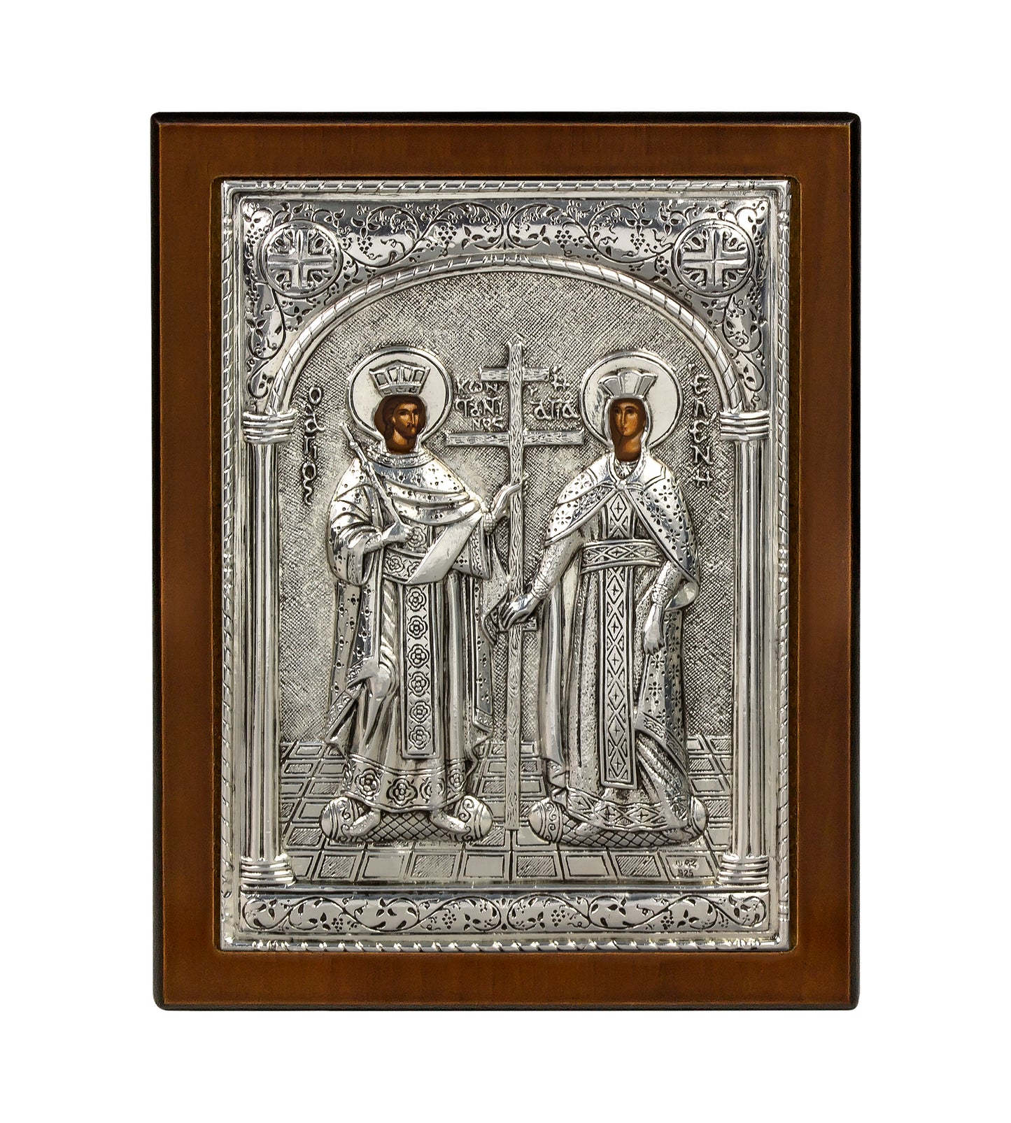 Saints Constantine and Helen Byzantine Icon with Sterling Silver Leaf