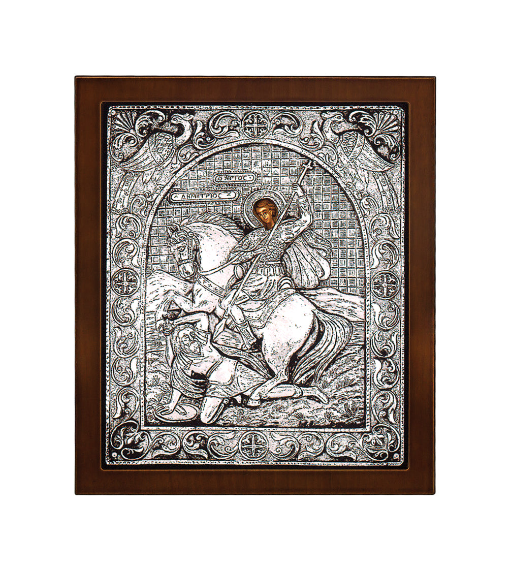 Saint Demetrios Byzantine Icon with Sterling Silver Leaf and Stand