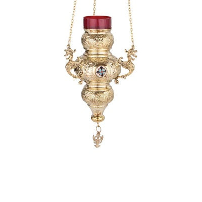 Hanging Church Vigil Lamp (Kandili) - 20cm Gold-Plated with Corfiot Enamel Detail