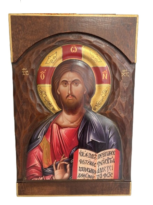 Jesus Christ Pantocrator - Byzantine Icon on Raised Relief Pine Wood and Canvas