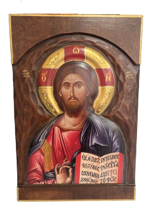 Jesus Christ Pantocrator - Byzantine Icon on Raised Relief Pine Wood and Canvas