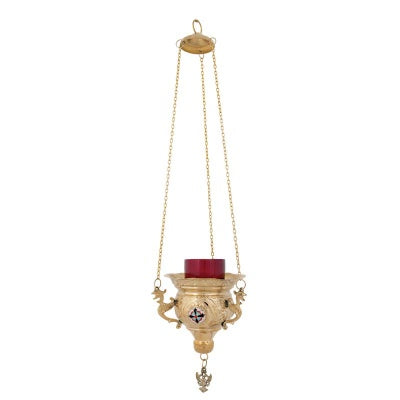 Hanging Brass Church Vigil Lamp (Kandili) – Hand-Carved & Gold-Plated with Byzantine Enamel (14 cm)