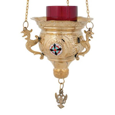 Hanging Brass Church Vigil Lamp (Kandili) – Hand-Carved & Gold-Plated with Byzantine Enamel (14 cm)