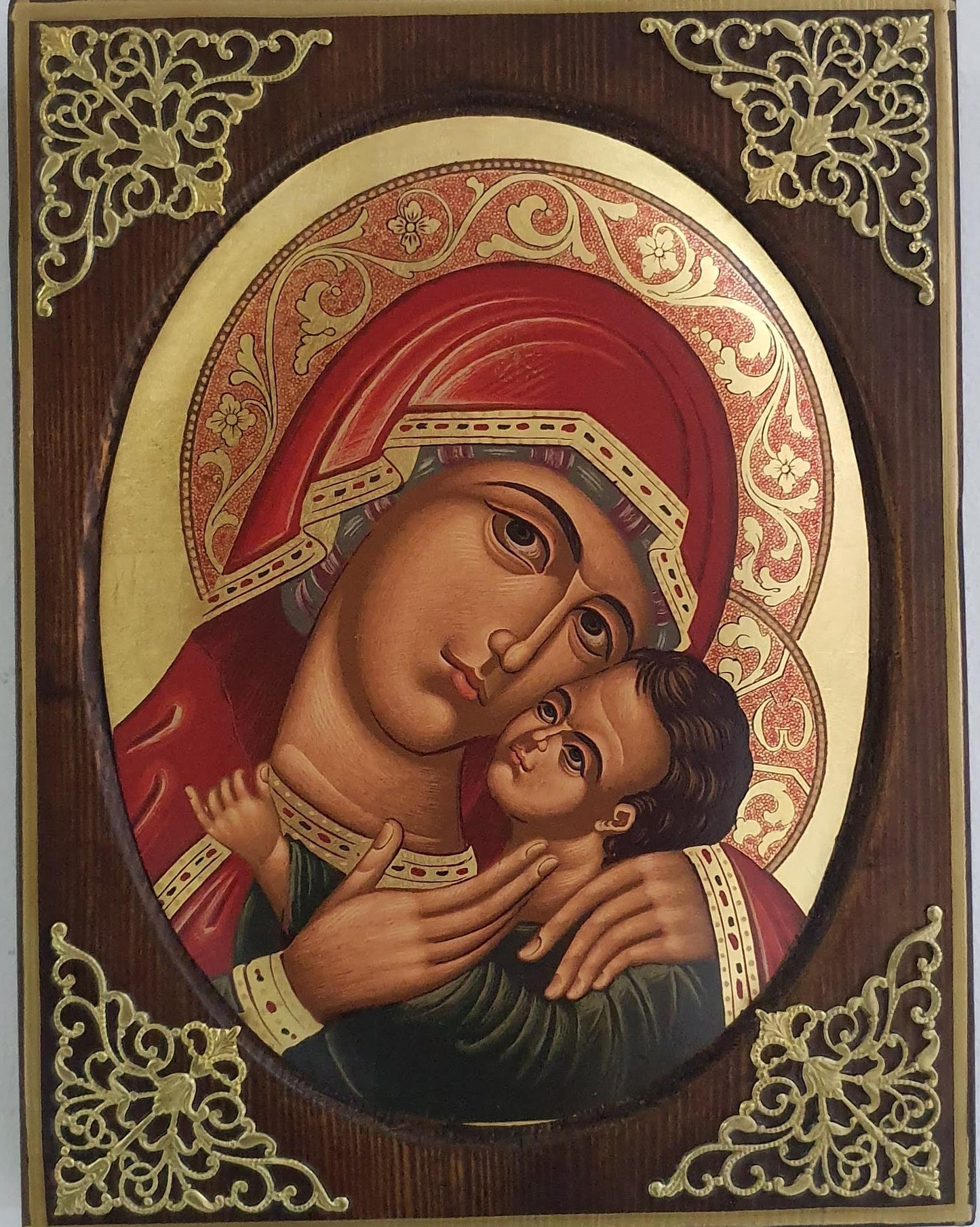 Panagia Glykophilousa Oval Byzantine Icon on Pine Wood with Gold Leaf and Gold-Plated Corners