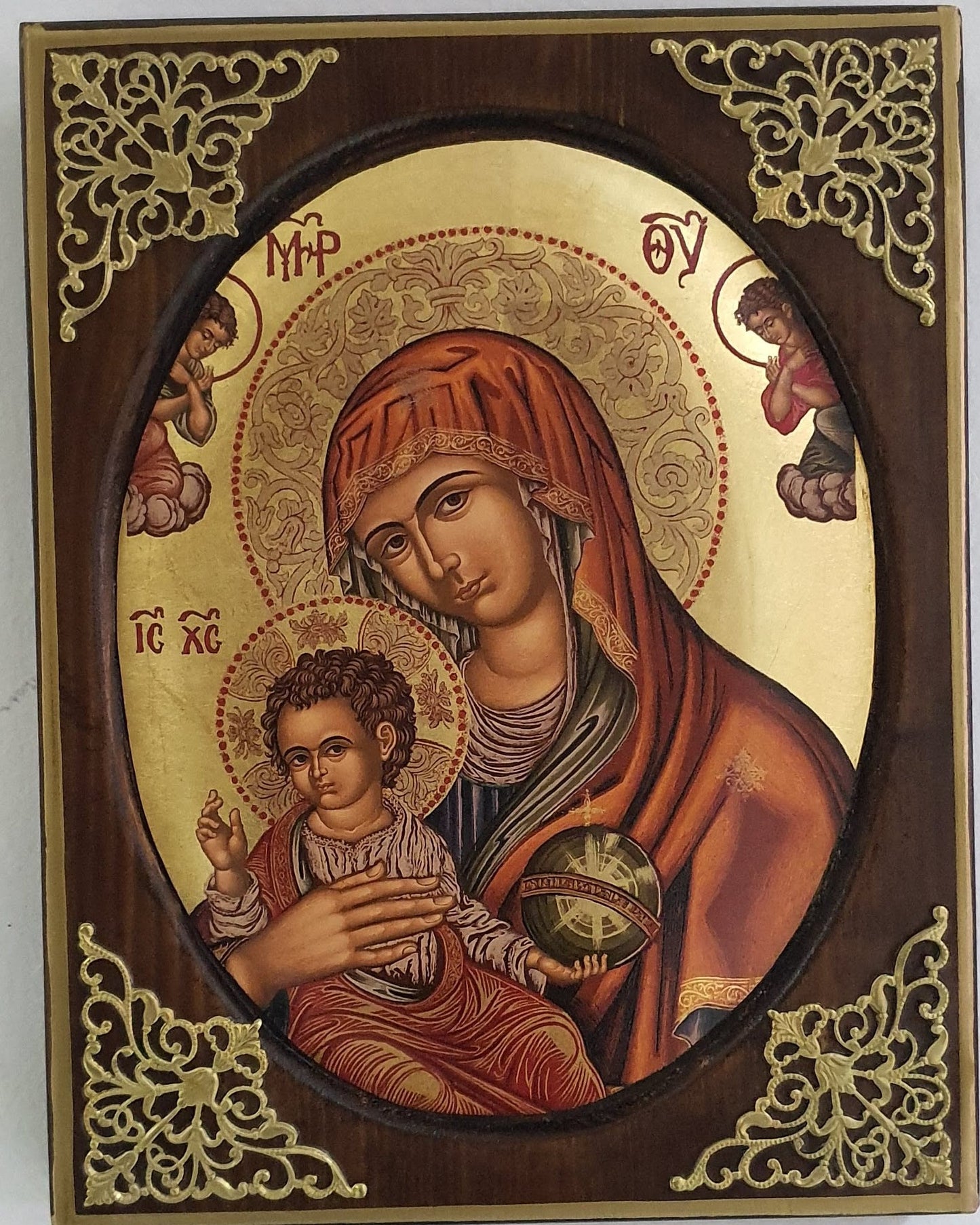 Panagia Vrefokratousa (Mother of God with Child) – Oval Byzantine Icon with 24K Gold Leaf and Gold-Plated Corners