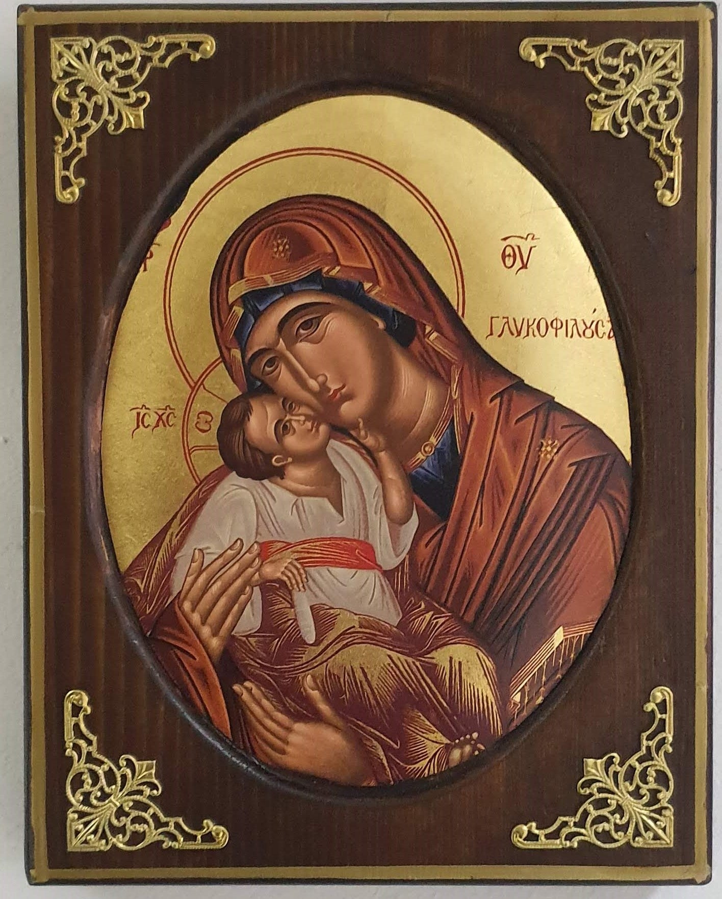 Panagia Glykophilousa Oval Byzantine Icon on Pine Wood with Gold Leaf and Gold-Plated Corners