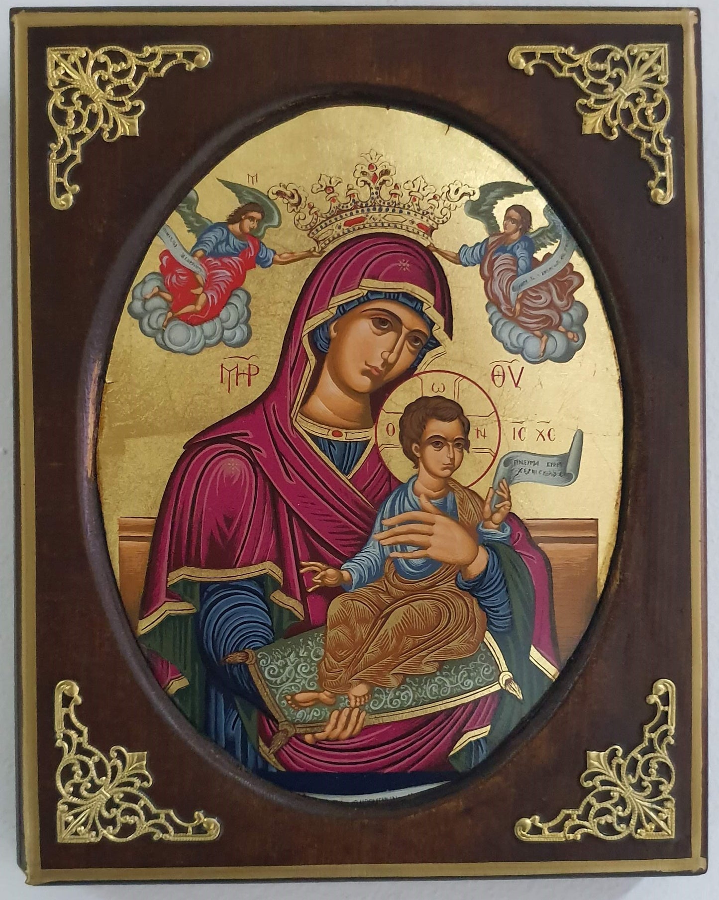 Panagia Vrefokratousa (Mother of God with Child) – Oval Byzantine Icon with 24K Gold Leaf and Gold-Plated Corners