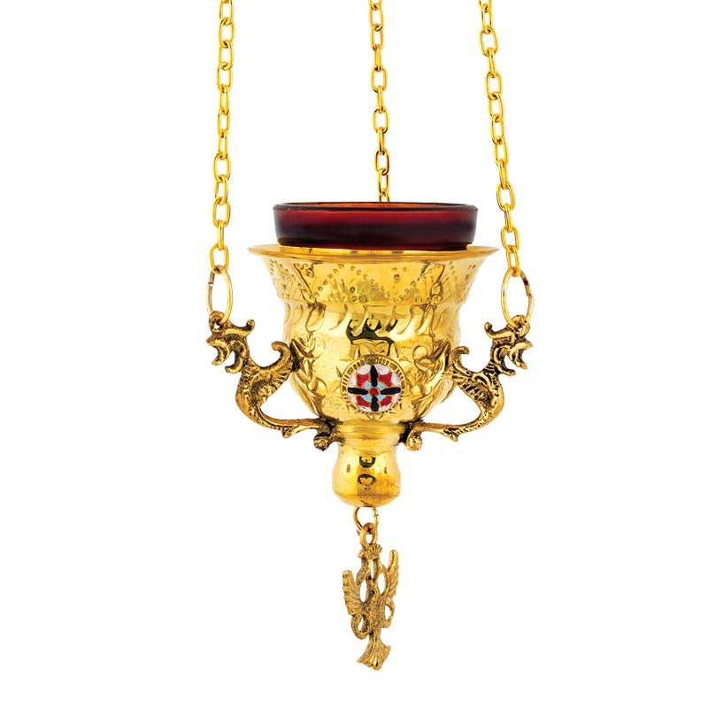 Small Hanging Brass Church Vigil Lamp (Kandili) – Gold-Plated with Hand-Carved Details and Enamel (8 cm)
