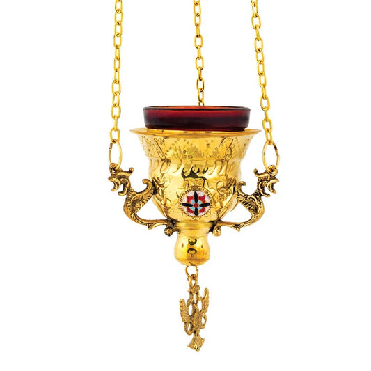 Small Hanging Brass Church Vigil Lamp (Kandili) – Gold-Plated with Hand-Carved Details and Enamel (8 cm)