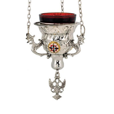 Small Nickel-Plated Church Vigil Lamp (Kandili) with Enamel Detail – 8 cm