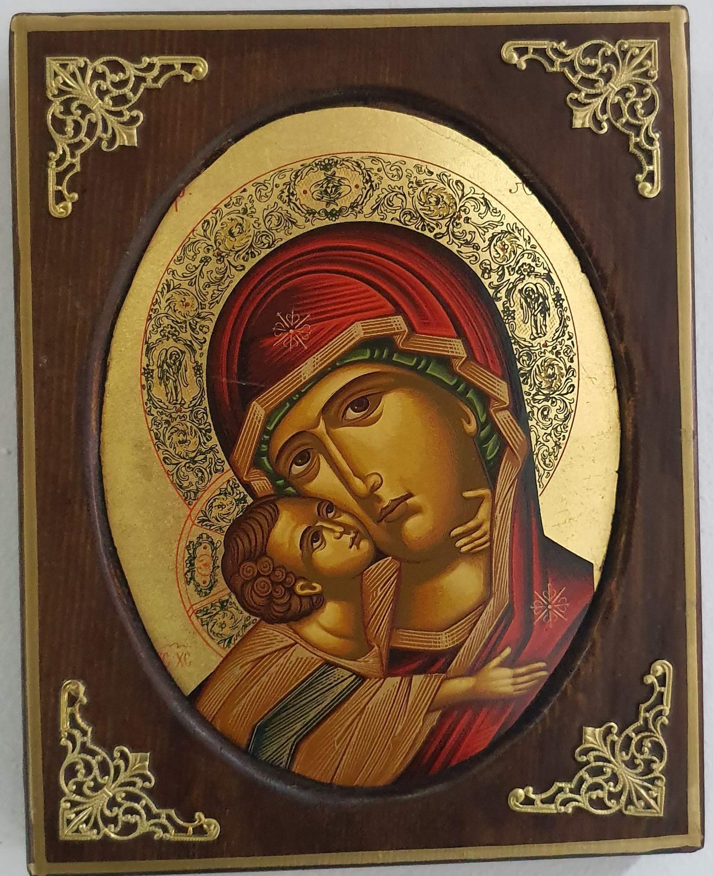 Panagia Glykophilousa Oval Byzantine Icon on Pine Wood with Gold Leaf and Gold-Plated Corners