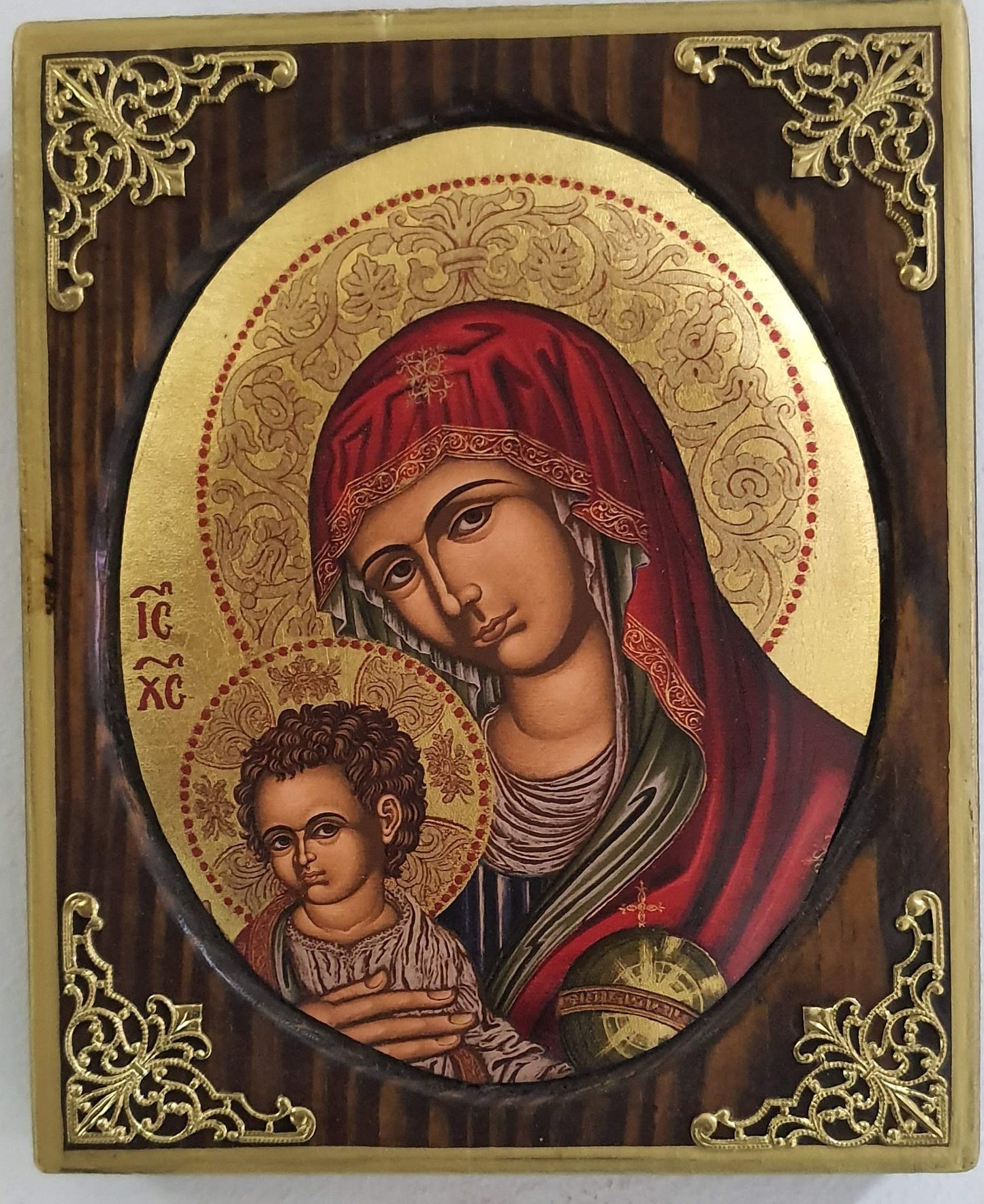 Panagia Vrefokratousa (Mother of God with Child) – Oval Byzantine Icon with 24K Gold Leaf and Gold-Plated Corners