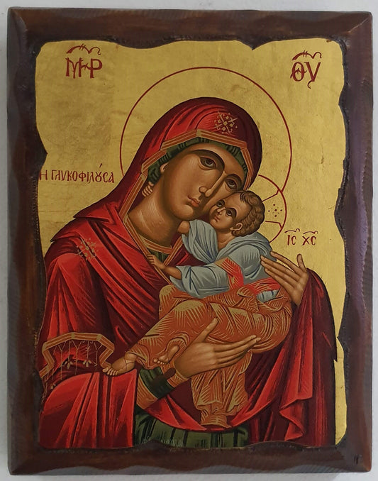 Panagia Glykophilousa Byzantine Icon on Aged Hand-Carved Pine Wood with Canvas and Gold Leaf