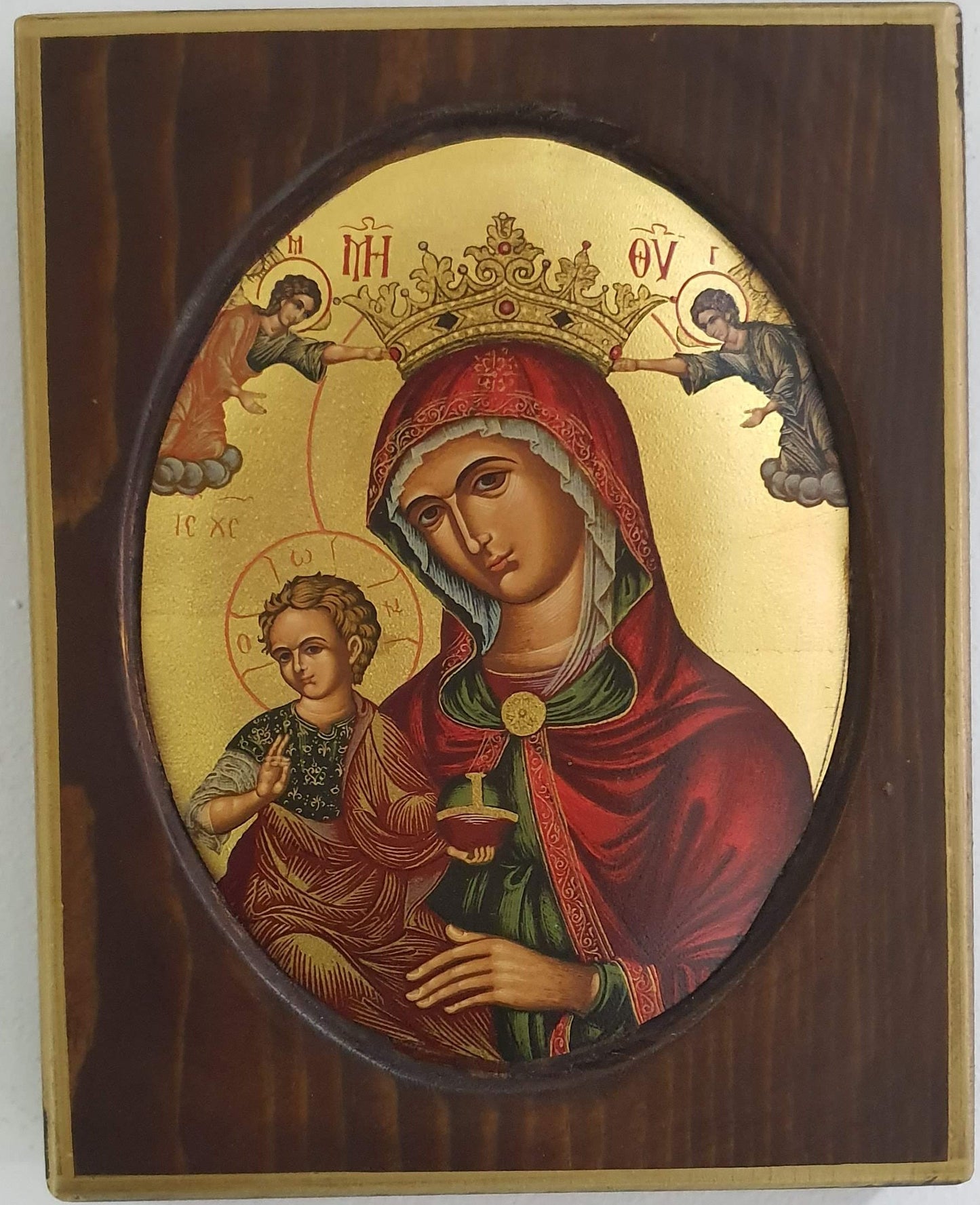 Panagia Vrefokratousa (Mother of God with Child) – Oval Byzantine Icon with 24K Gold Leaf and Gold-Plated Corners