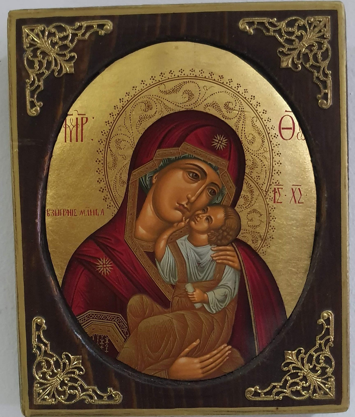 Panagia Glykophilousa Oval Byzantine Icon on Pine Wood with Gold Leaf and Gold-Plated Corners
