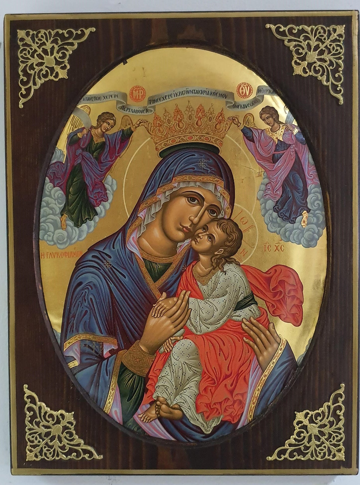 Panagia Glykophilousa Oval Byzantine Icon on Pine Wood with Gold Leaf and Gold-Plated Corners