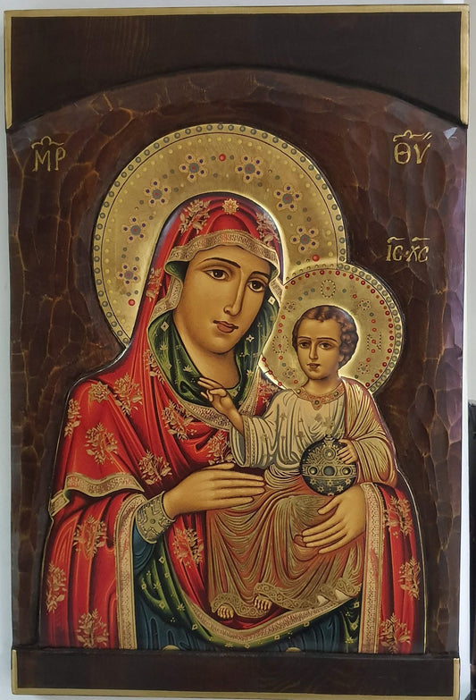 Panagia Ierosolymitissa (Our Lady of Jerusalem) Byzantine Icon on Raised Relief Pine Wood and Canvas