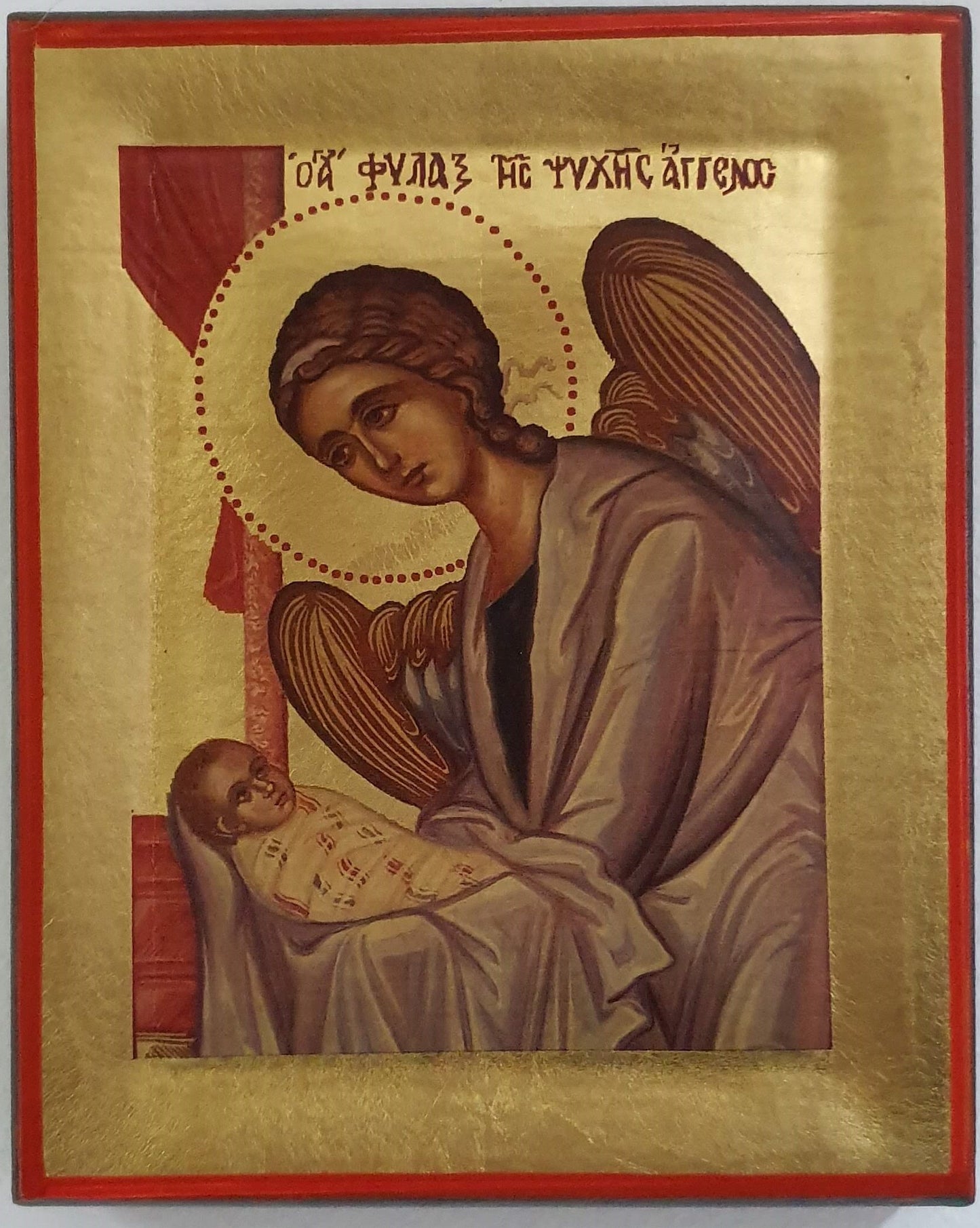 The Guardian Angel - Byzantine Icon on Premium Robolo Pine (Bosnian Pine) with Gold Leaf
