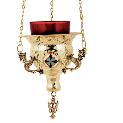 Hanging Brass Church Vigil Lamp (Kandili) – Gold-Plated with Byzantine Enamel (15 x 13 cm)
