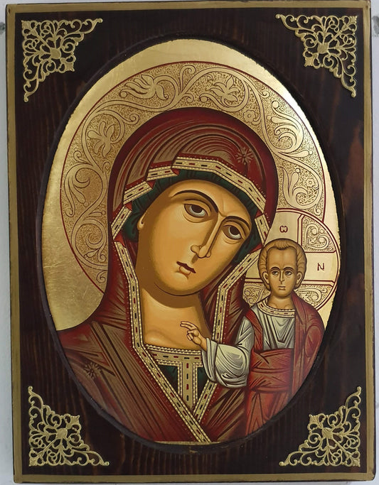 Panagia Vrefokratousa (Mother of God with Child) – Oval Byzantine Icon with 24K Gold Leaf and Gold-Plated Corners